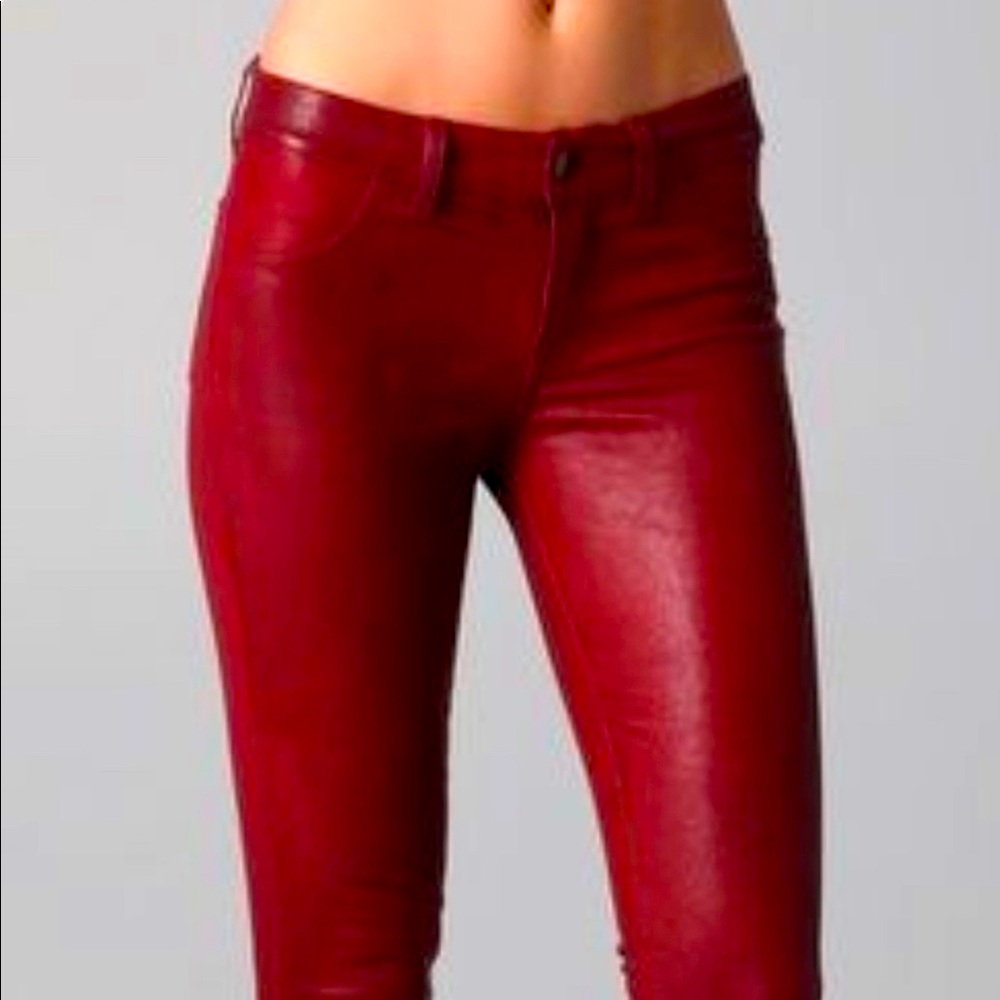 JBrand stretch-leather red skinny fit pants with zipper on ankle